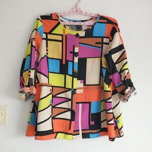 Ali Miles Tunic Top Blouse Womens 2X Abstract Art to Wear Artsy Modern Roll Tab